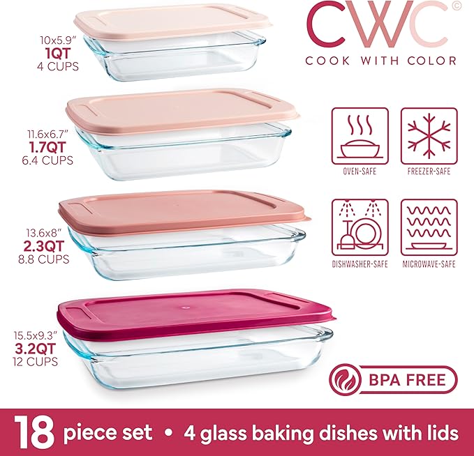 COOK WITH COLOR 8-Piece Deep Glass Baking Dish Set with Plastic Lids – - Image 3