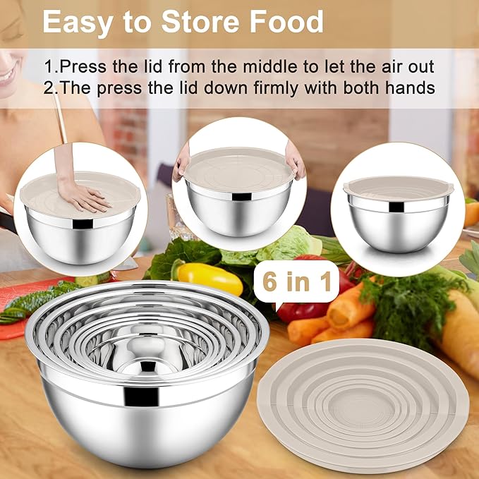E-far Mixing Bowls with Lids, 12-Piece Stainless Steel Salad Bowls Metal - Image 7