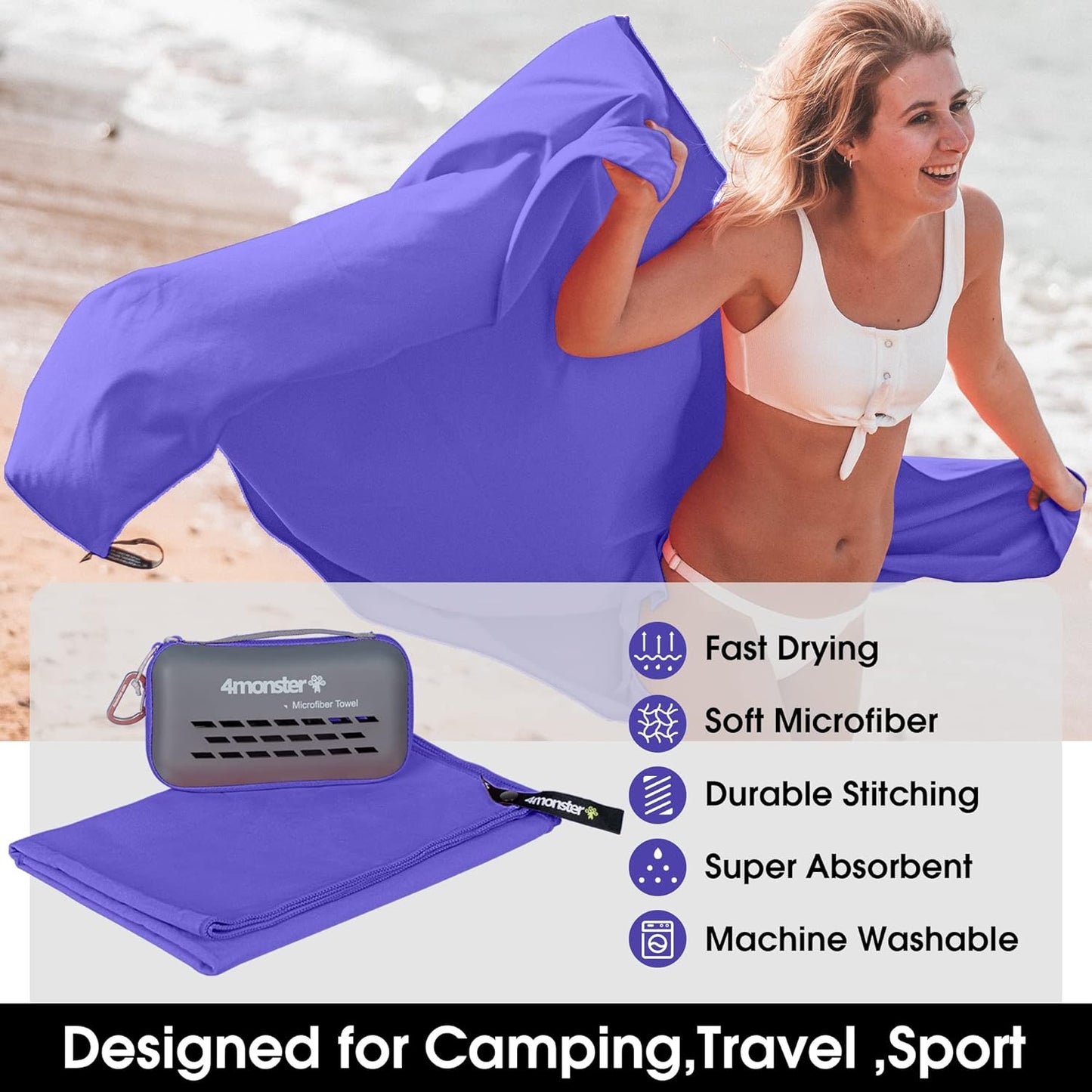 4Monster Camping Towels Super Absorbent, Fast Drying Microfiber Travel Towel, Quick Dry Ultra Soft Compact Gym Towel for Swimming Beach Hiking Yoga Travel Sports Backpack (20.00" x 12.00", Purple)