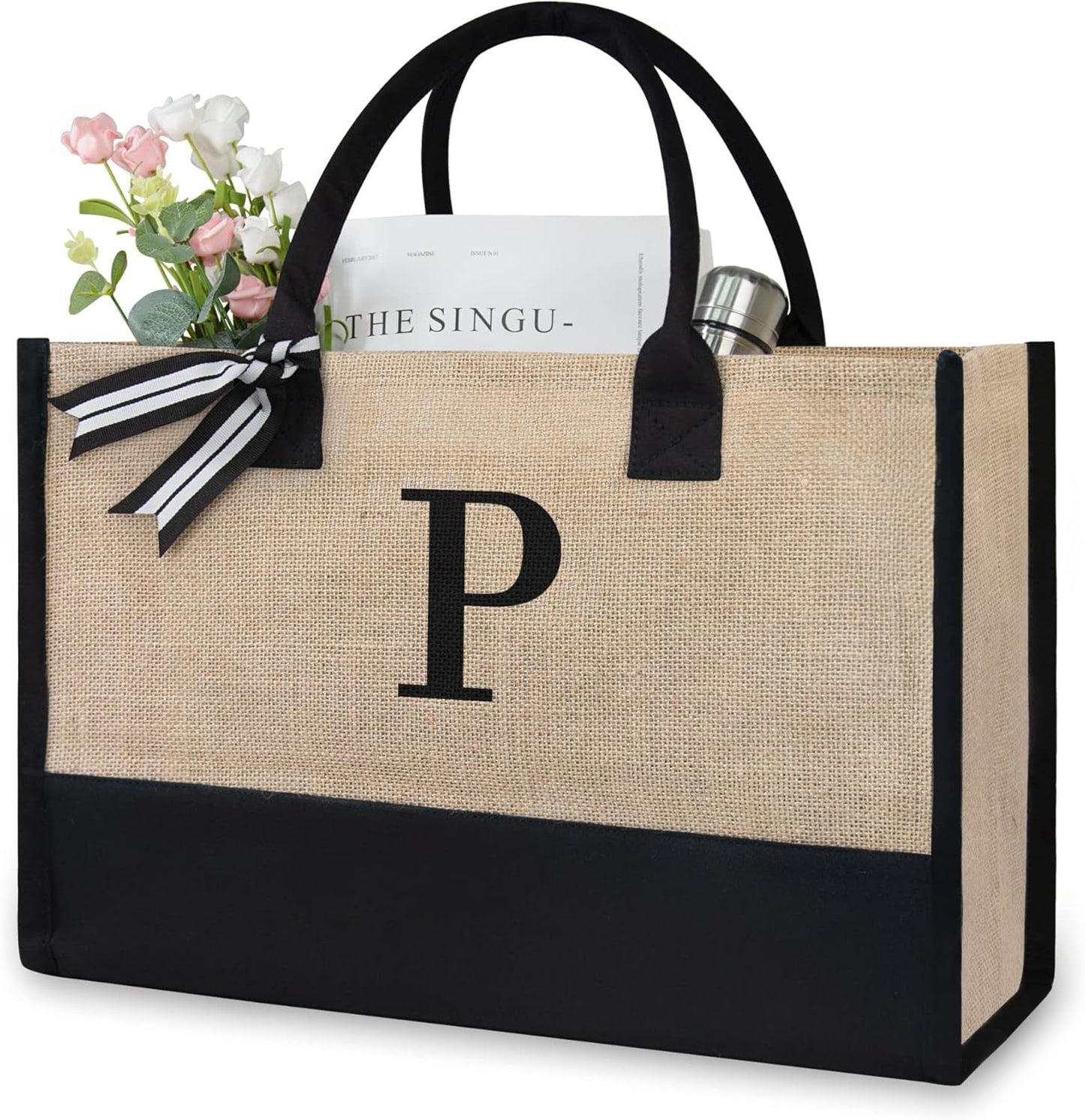 TOPDesign Initial Jute/Canvas Tote Bag, Personalized Present Bag, Suitable for Wedding, Birthday, Beach, Holiday, is a Great Gift for Women, Mom, Teachers, Friends, Bridesmaids (Letter P)