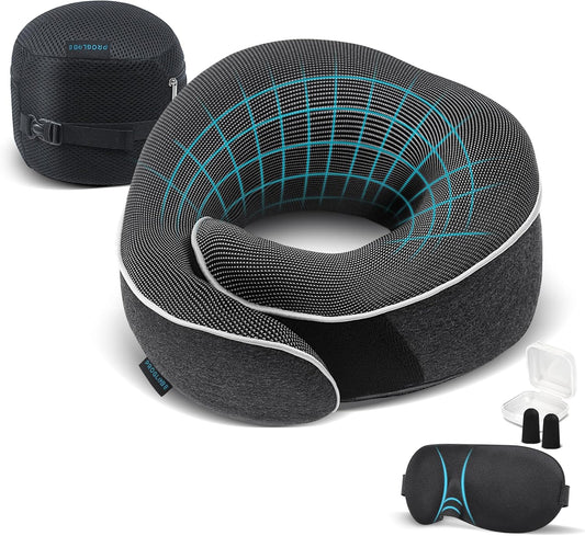 Travel Neck Pillow 100% Memory Foam – Airplane & Car Travel Essentials Kit with 3D Eye Mask, Earplugs & Mesh Bag – Sleeping Support Pillow for Adults (Dark Grey)