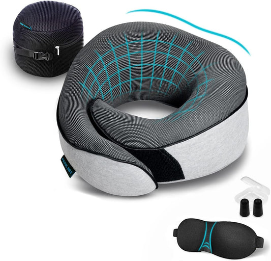 Travel Neck Pillows for Airplanes, Sleeping Essentials for Long haul Flights, 360° Head Support, Car and Airplane Kit with 3D Contoured Eye Mask, Earplugs and Luxury Mesh Bag (Adult, Grey)