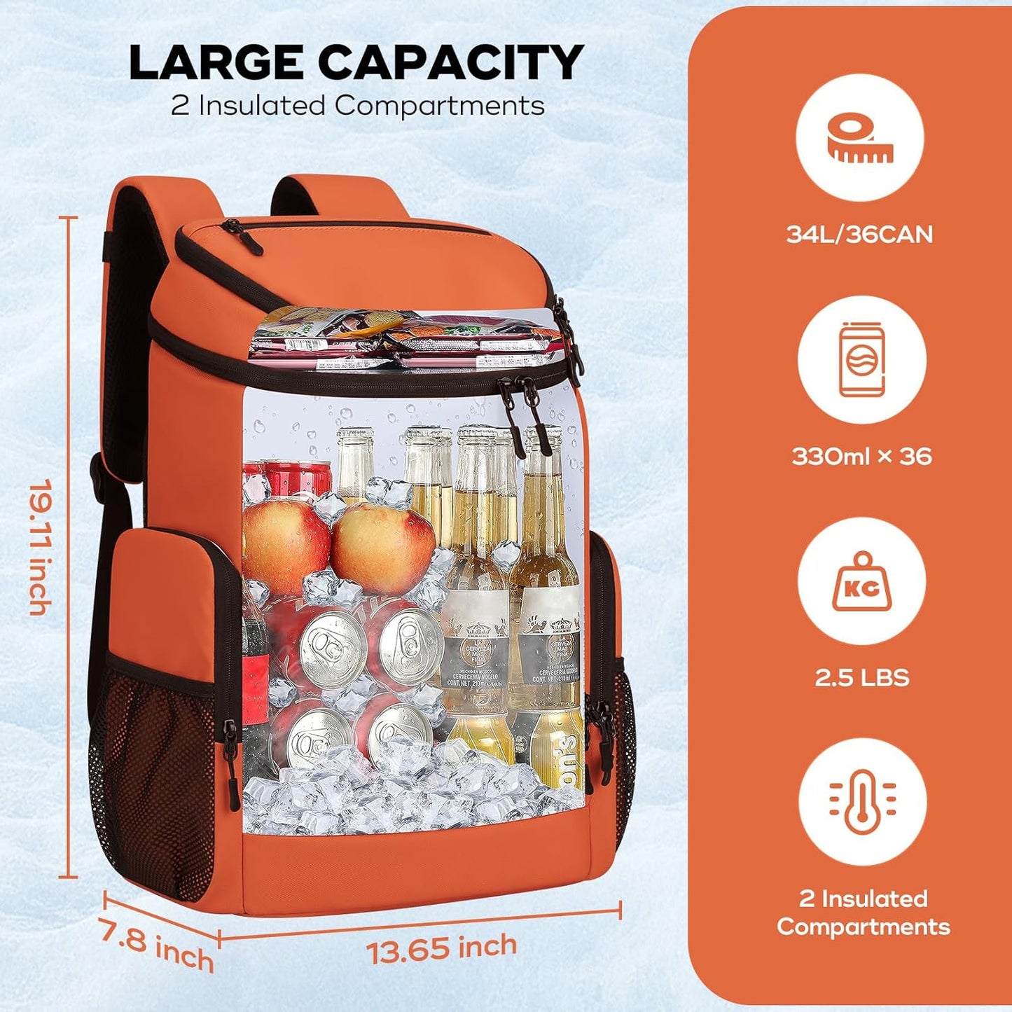 Maelstrom Backpack Cooler,36 Can Cooler Backpack,Soft Cooler Bag Insulated Leakproof,Lightweight Ice Chest Backpack,Travel Cooler Lunch Backpack for Camping,Hiking,Beach,Orange