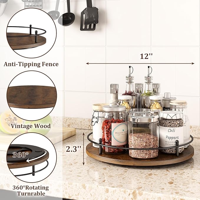 12" Lazy Susan Turntable Organizer, Round Wooden Lazy Susan Organization and - Image 3