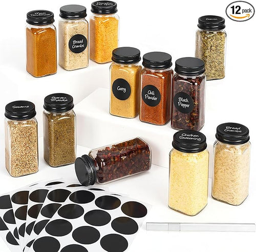 12Pcs Spice Jars with Label, 4oz Empty Square Seasoning Containers, Spice Jars by DIDITIME