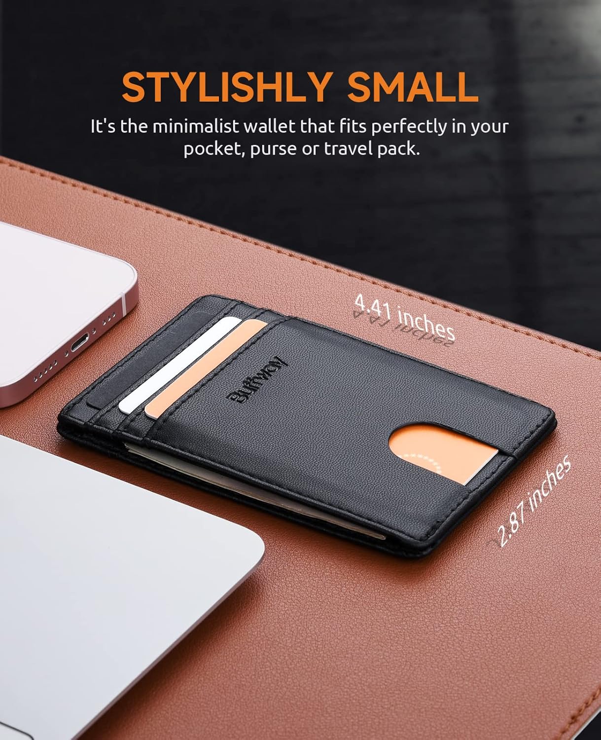 Buffway Mens Slim Wallet, Minimalist Thin Front Pocket Leather Credit Card Holder with RFID Blocking for Work Travel
