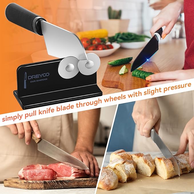 Dreyoo Cutlery Pointed Edge Knife Sharpener, Double Sided Stainless Steel - Image 7