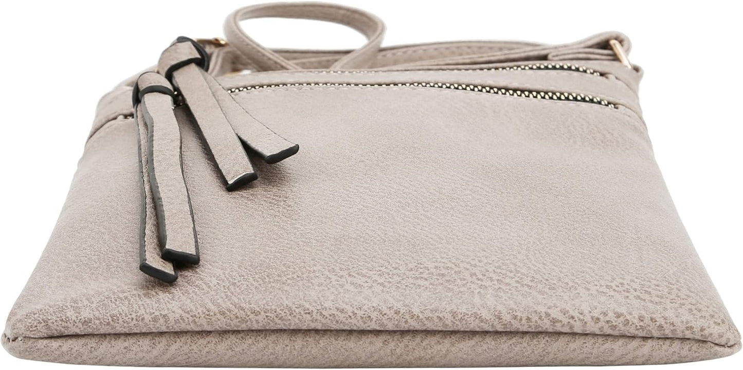 DELUXITY | Crossbody Purse Bag | Functional Multi Pocket Double Zipper Purse | Adjustable Strap | Medium Size Purse | Taupe