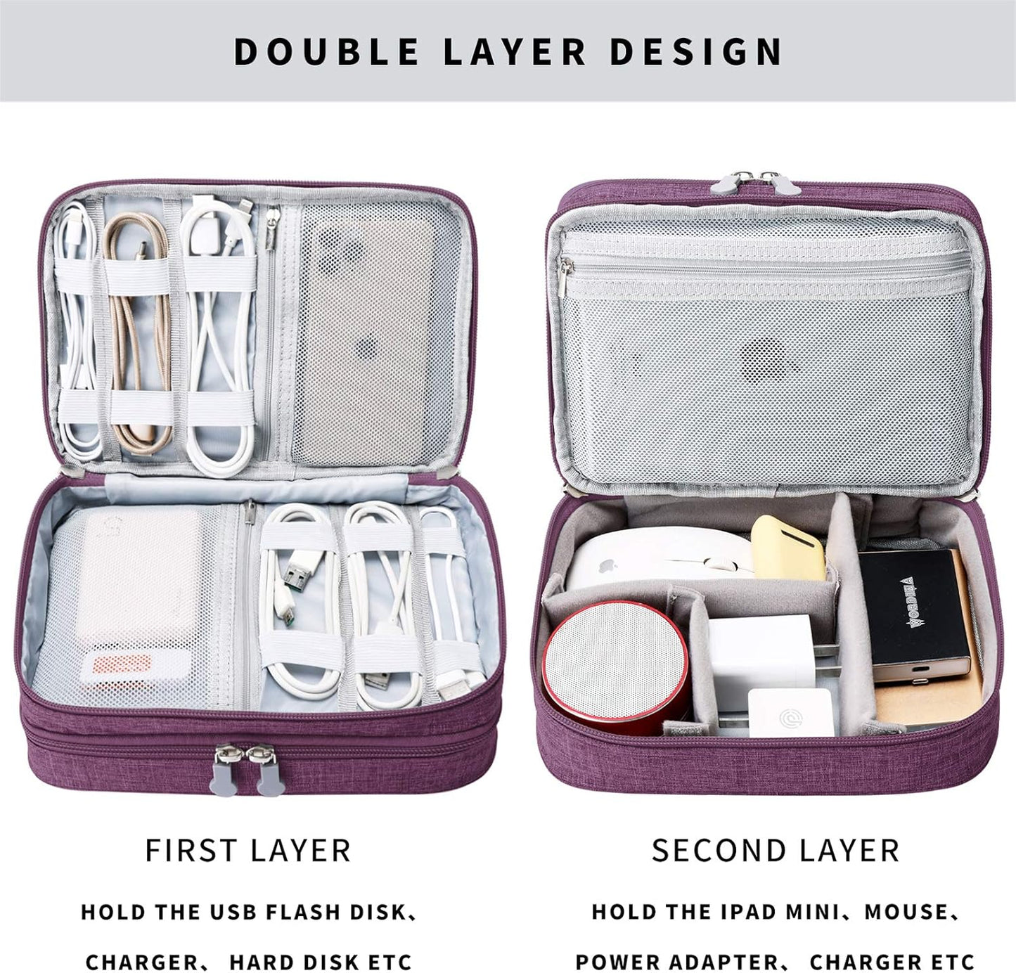 MIRLEWAIY Travel Electronics Organizer Soft Case Small Electronic Accessories Carrying Bag Double-Layer for Cords Phone Chargers Cables Earbuds Adapter Mouse, Purple