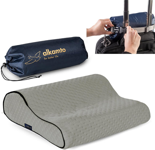 Travel & Camping Comfortable Memory Foam Pillow – Easy to Carry Portable Bag – Temperature Regulating Pillow Case (Grey Contour)