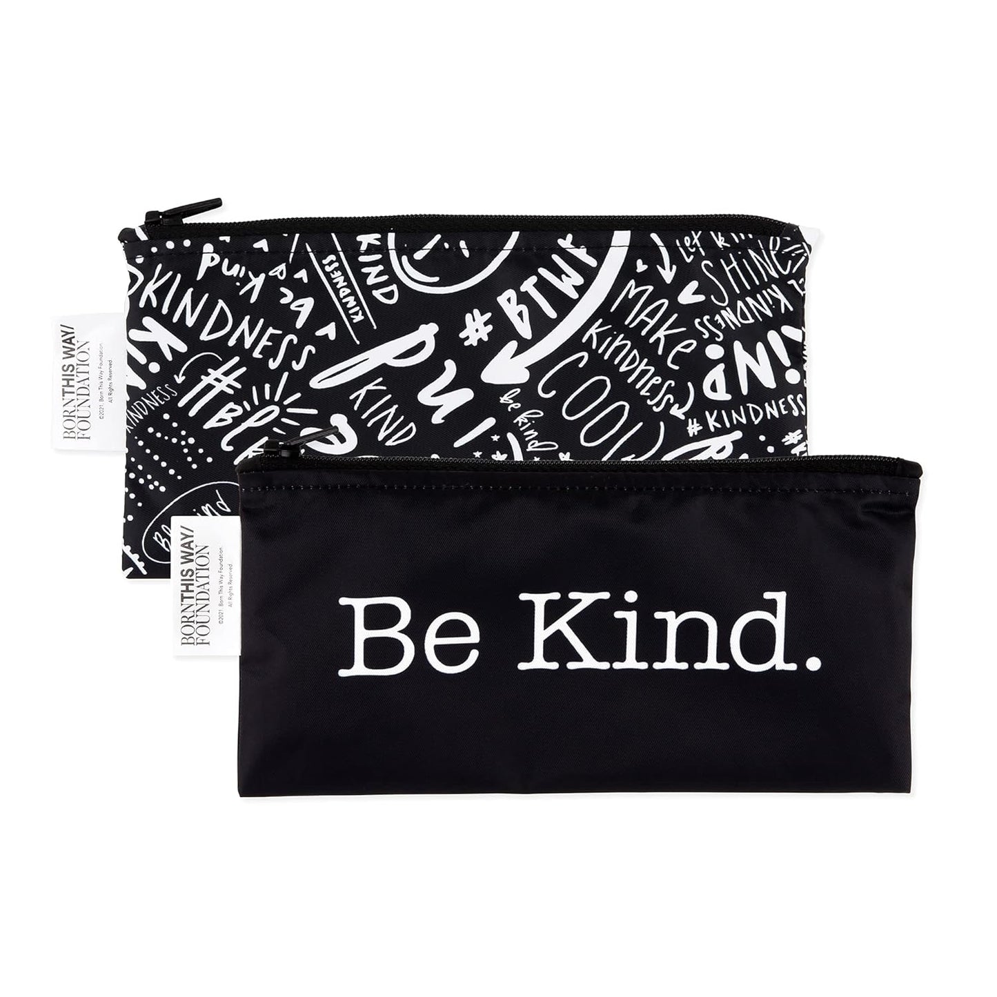 Bumkins Reusable Snack Bags, for Kids School Lunch and for Adults Portion, Washable Fabric, Waterproof Cloth Zip Bag, Supplies Travel Pouch, Food-Safe Storage, 2-pk Born This Way Be Kind