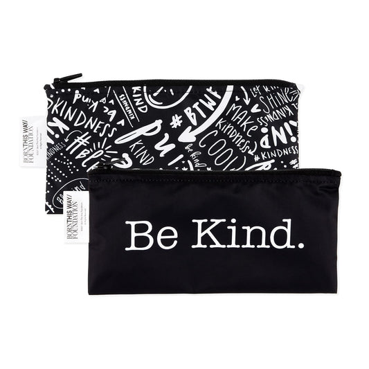 Bumkins Reusable Snack Bags, for Kids School Lunch and for Adults Portion, Washable Fabric, Waterproof Cloth Zip Bag, Supplies Travel Pouch, Food-Safe Storage, 2-pk Born This Way Be Kind