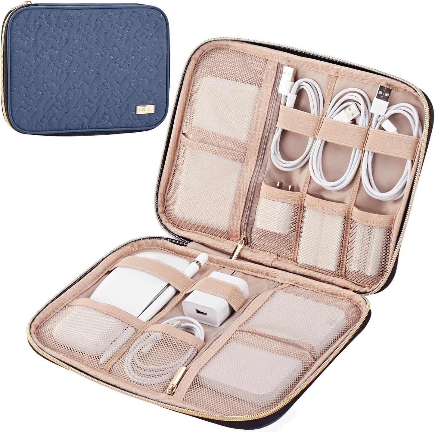 NISHEL Travel Cord Organizer Case, Tech Electronic Bag, Essentials for Charger, Cable, Phone, Hard Drive, USB, SD Card, Aegean-Blue