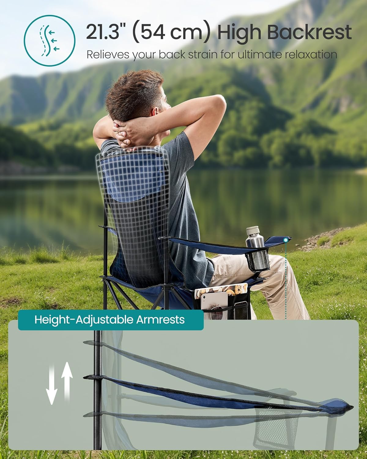 SONGMICS Breathable Camping Chairs, Foldable Outdoor Chairs Set of 2, High Back, Adjustable Armrests, Drink Holder, Weight Capacity 330 lb, for Sports Garden Backyard, Harbor Blue UGCB028Q01