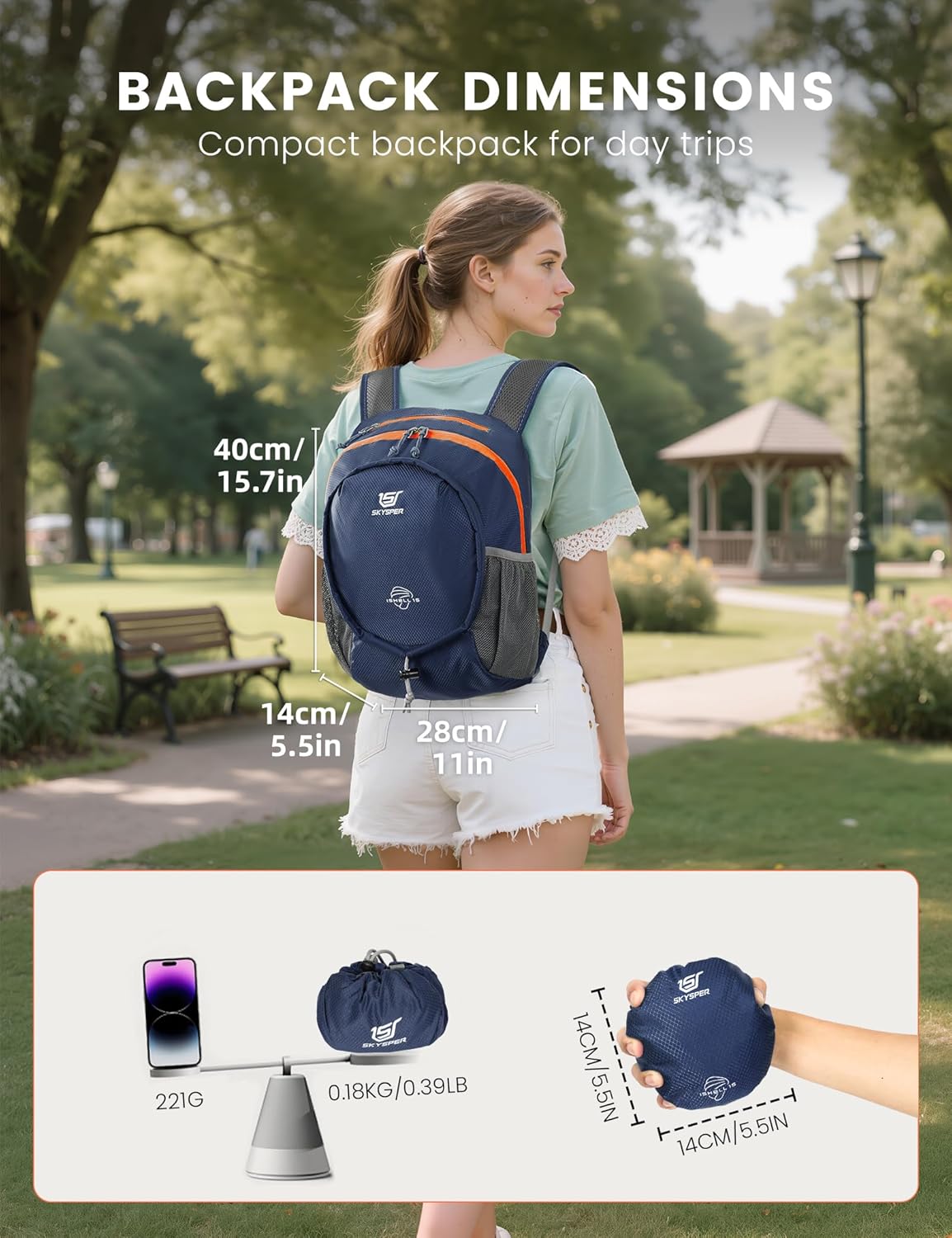 SKYSPER 15L Lightweight Small Hiking Backpack for Women Men, Foldable Travel Daypack, Packable Camping Backpack, Mini Outdoor Hiking Bag (Darkblue)