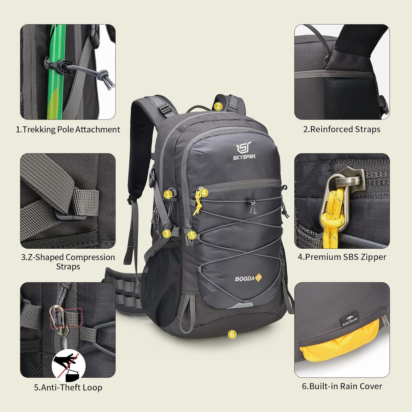 SKYSPER Hiking Backpack for Men Women, 35L Travel Backpack Waterproof Camping Backpack Outdoor Lightweight Daypack