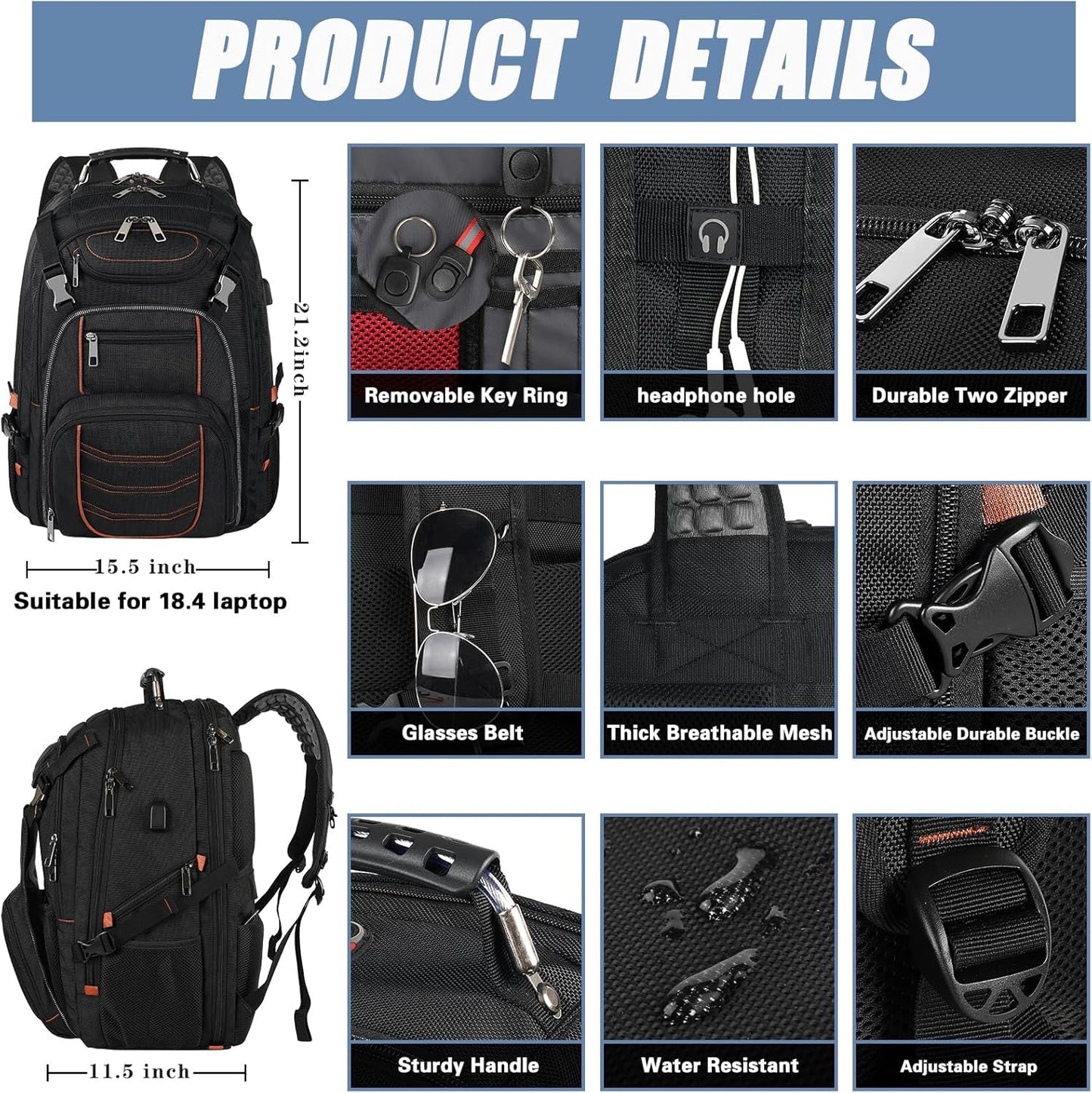 18.4 inch Laptop Backpack, Extra Large Travel Laptop Backpack with USB Charging Port, Big Capacity TSA Friendly RFID Anti Theft Pocket Heavy Duty Computer Bag for Men Women,21.2*15.5*11.5 inch Orange
