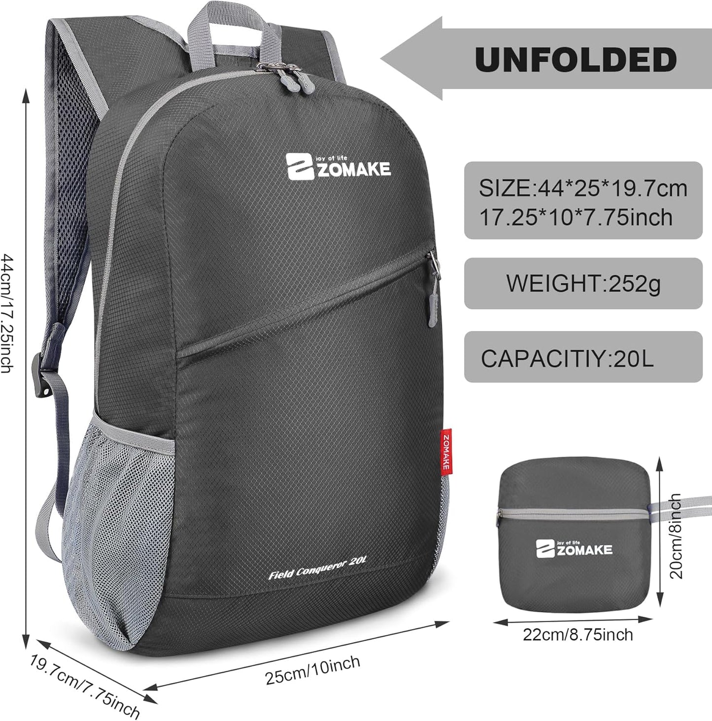 ZOMAKE Lightweight Packable Backpack 20L, Foldable Backpacks Small Daypack for Hiking Water Resistant Day Bag for Travel