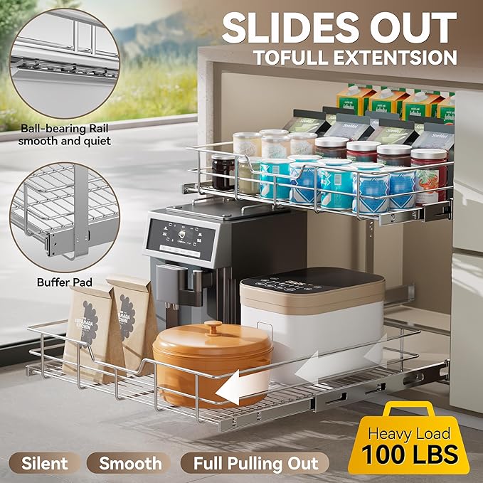 2 Tier Pull Out Cabinet Organizer 24" W X 22" D, Slide Out Drawers - Image 3
