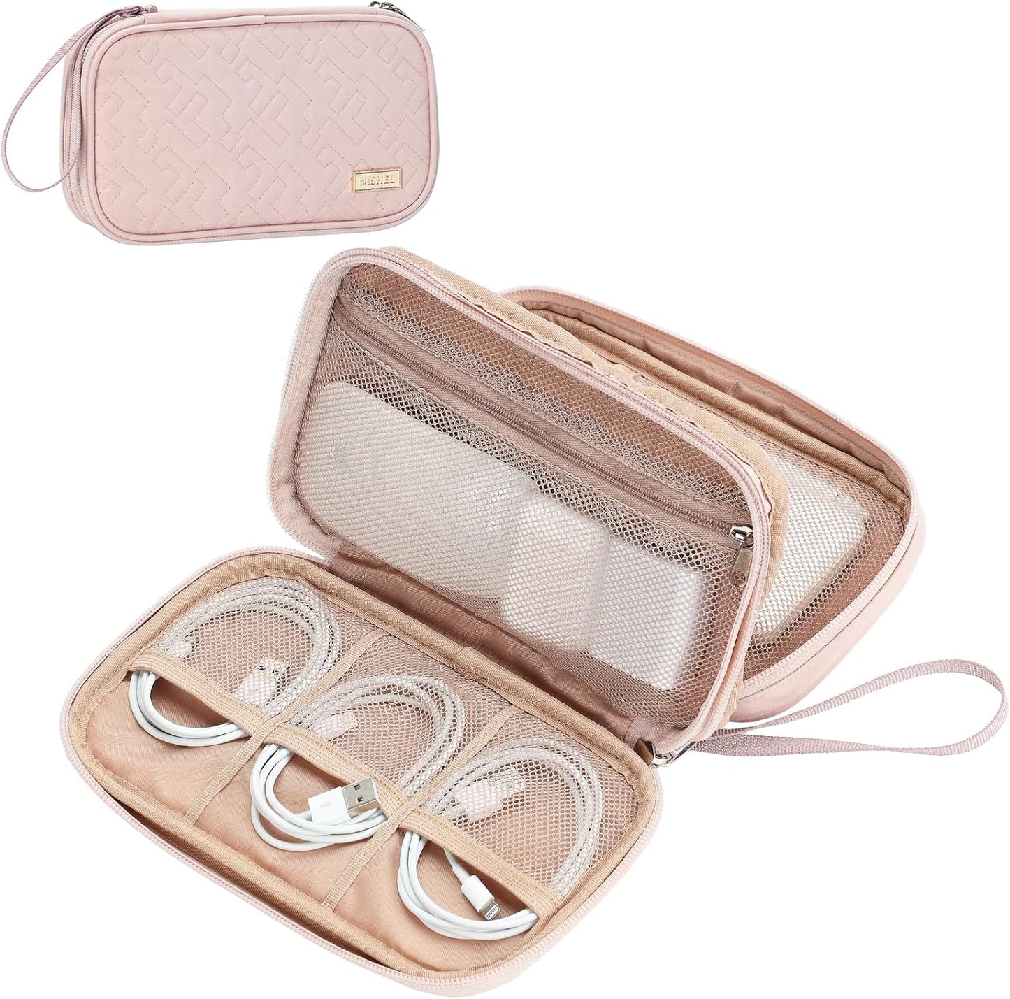 NISHEL Travel Cord Organizer Case, Double Layers Tech Electronic Bag, Essentials for Charger, Cable, Phone, Flash drive, Pink