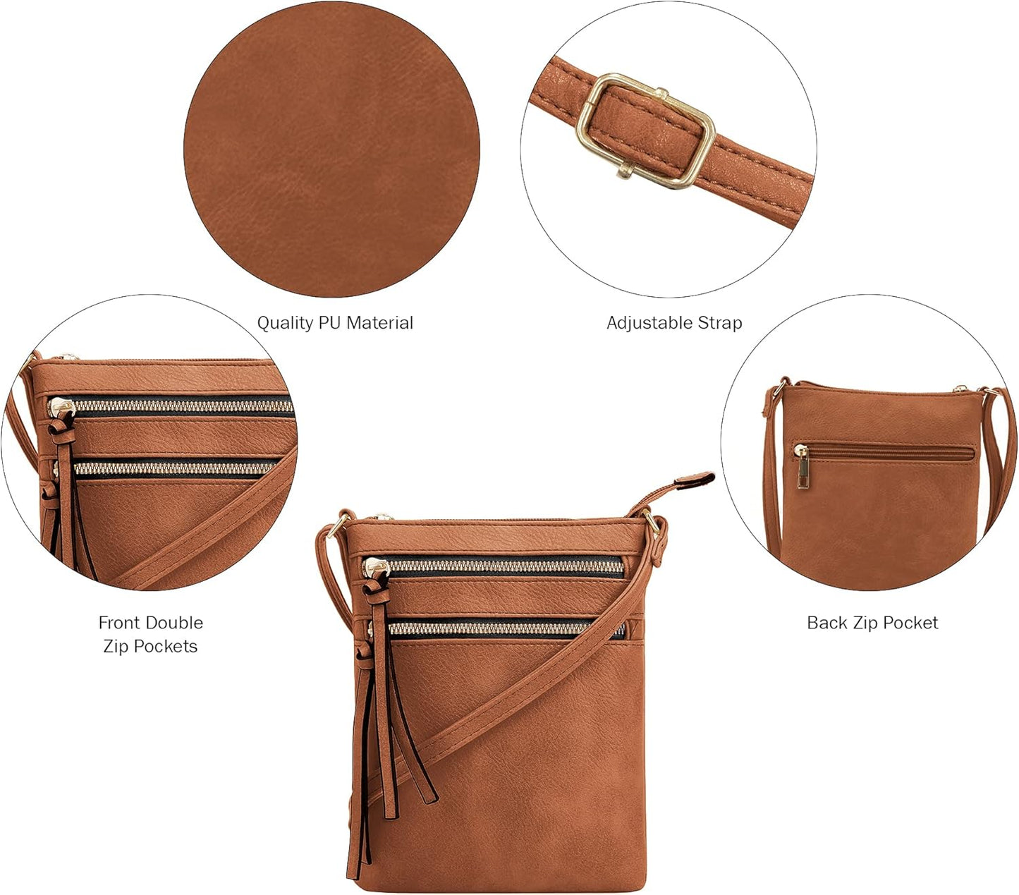 DELUXITY | Crossbody Purse Bag | Functional Multi Pocket Double Zipper Purse | Adjustable Strap | Medium Size Purse |Cognac