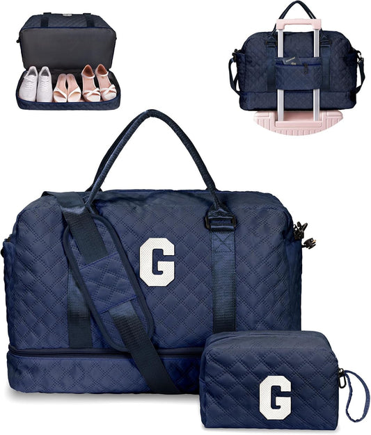 Gifts for Girls-Initial Duffle Bag with Shoe Compartment, Personalized Weekender Bag, Monogram Overnight Bag, Letter Travel Bag with Makeup Bag，Personalized Gift Idea for Women Her (Letter G)