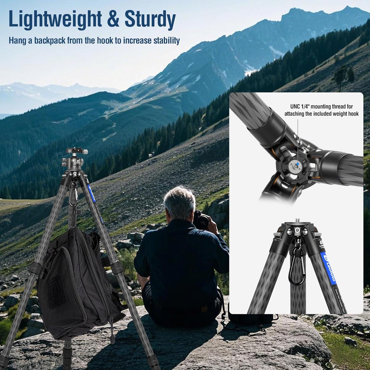 58" Carbon Fiber Tripod, Lightweight Travel Compact Tripod for Mirrorless Camera, DSLR, 4-Sections with Max Tube Dia 36mm, Load Up to 55lbs/25kg (LS-364CX)