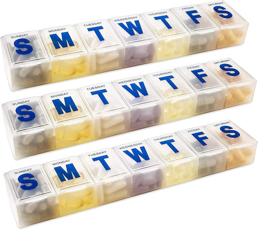 Weekly Pill Organizer - 7-Day Pill Planner Extra Large Pill Planner and Daily Pill Organizer and Medicine Reminder, Monday to Sunday Compartments - BPA Free - Travel Pill Box Case (Pack of 3)