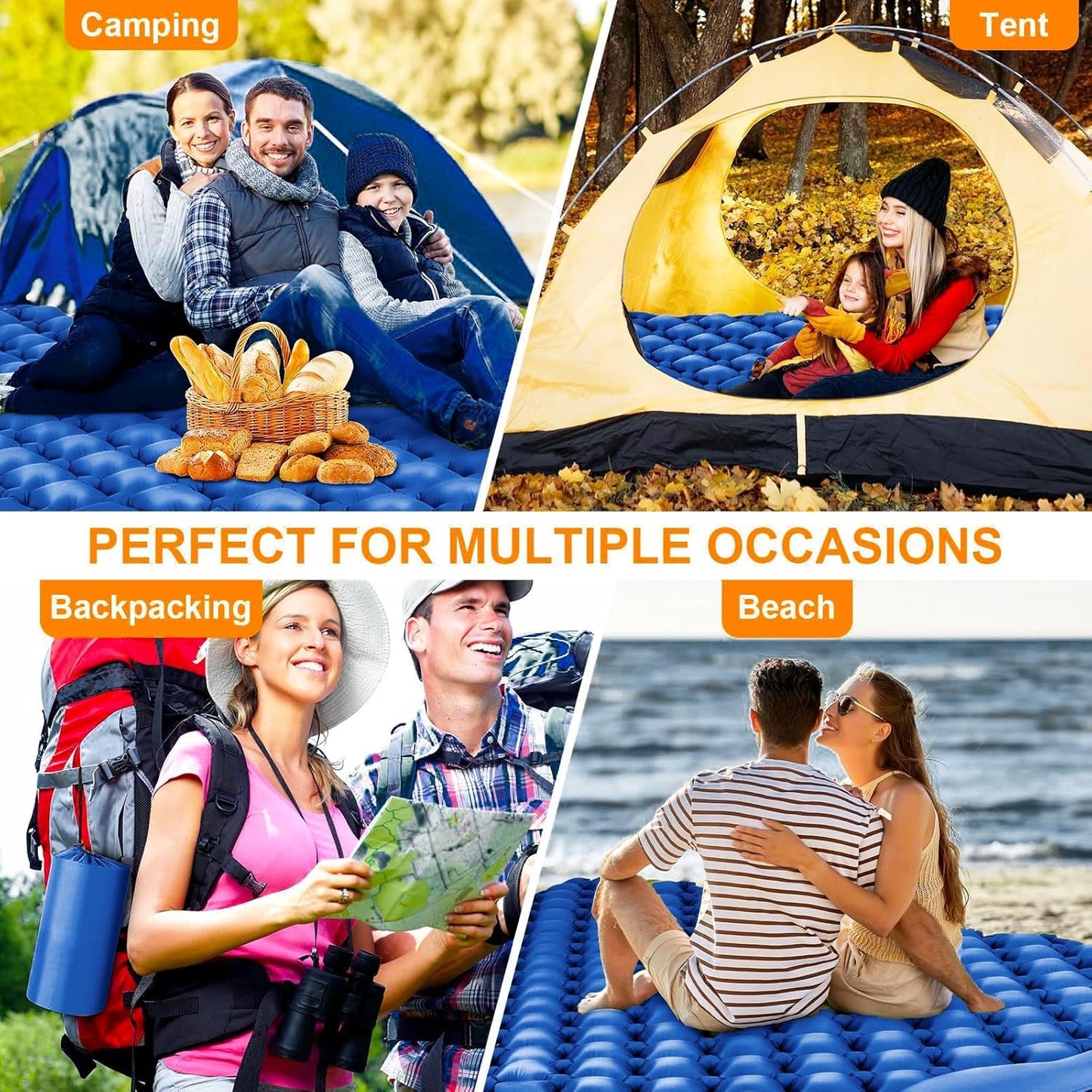 Double Sleeping Pad, Ultralight 4" Extra-Thick Self Inflating Sleeping Mat for 2 Person with Pillow Built-in Foot Pump Portable Camping Mat for Backpacking, Hiking, Traveling, Tent, Camping(Blue)
