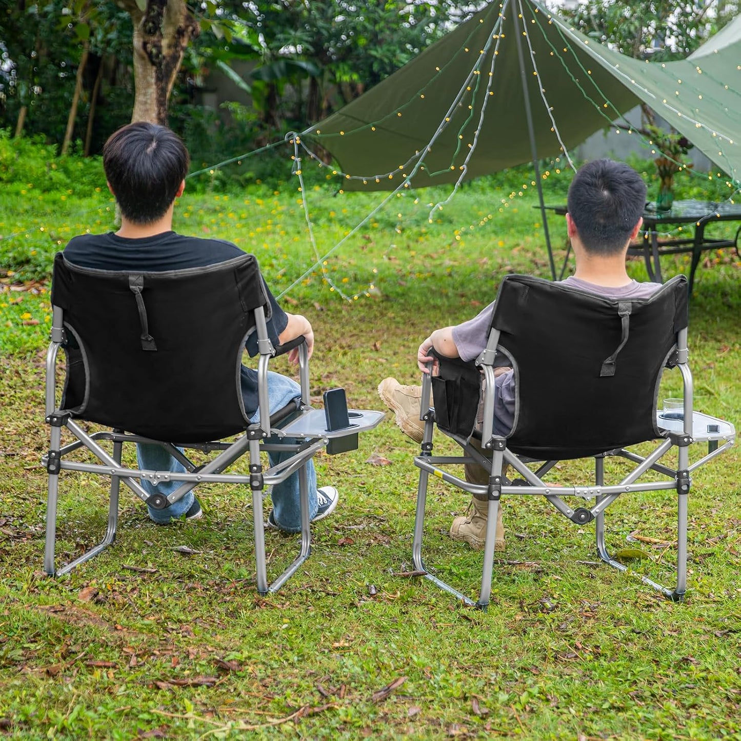 Romswi Director Chairs for Outdoor, Folding Camping Chair, Compact Directors Chair Side Table and Side Bag, Heavy Duty Oversize Seat for Beach Fishing Picnic Chairs, Holds up to 300 lbs Black 2 Pcs