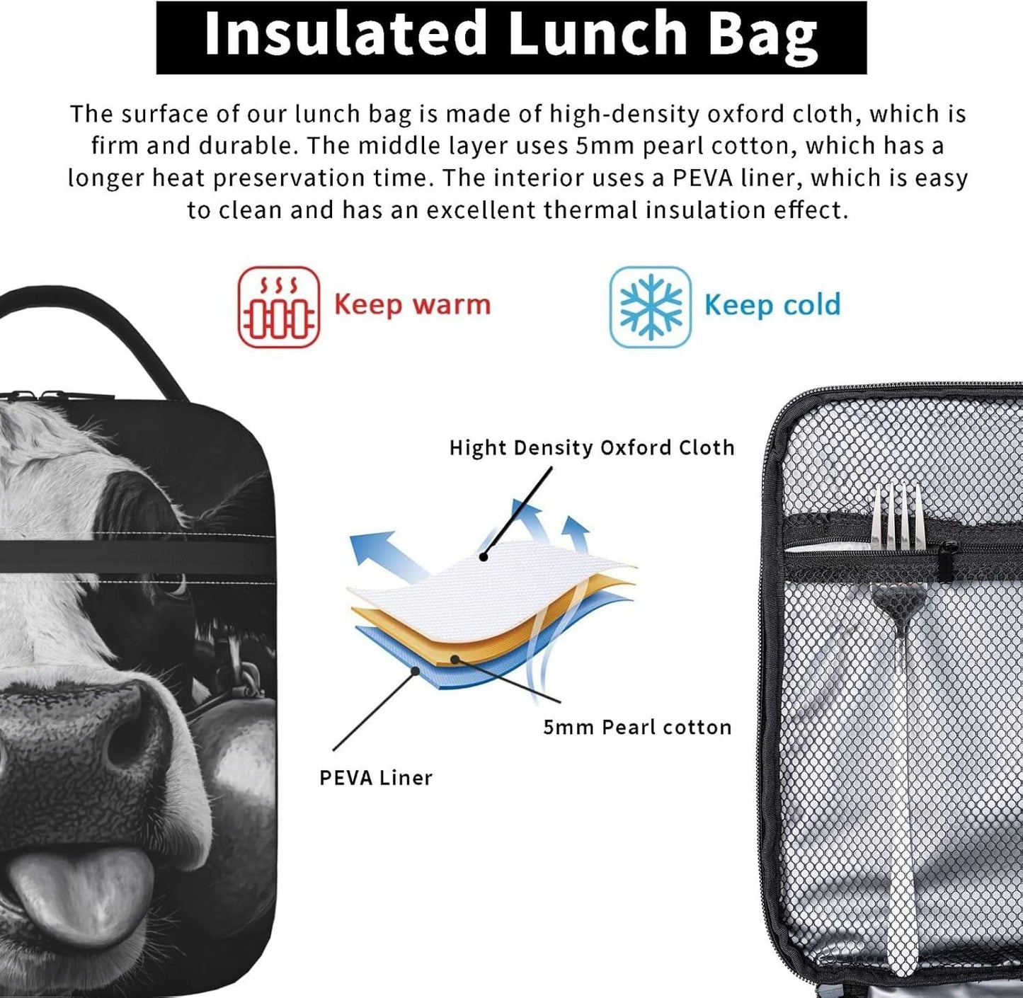 Cow Insulated Lunch Box for Women Men Cow Lunch Bag for Travel,or Fishing Polyester