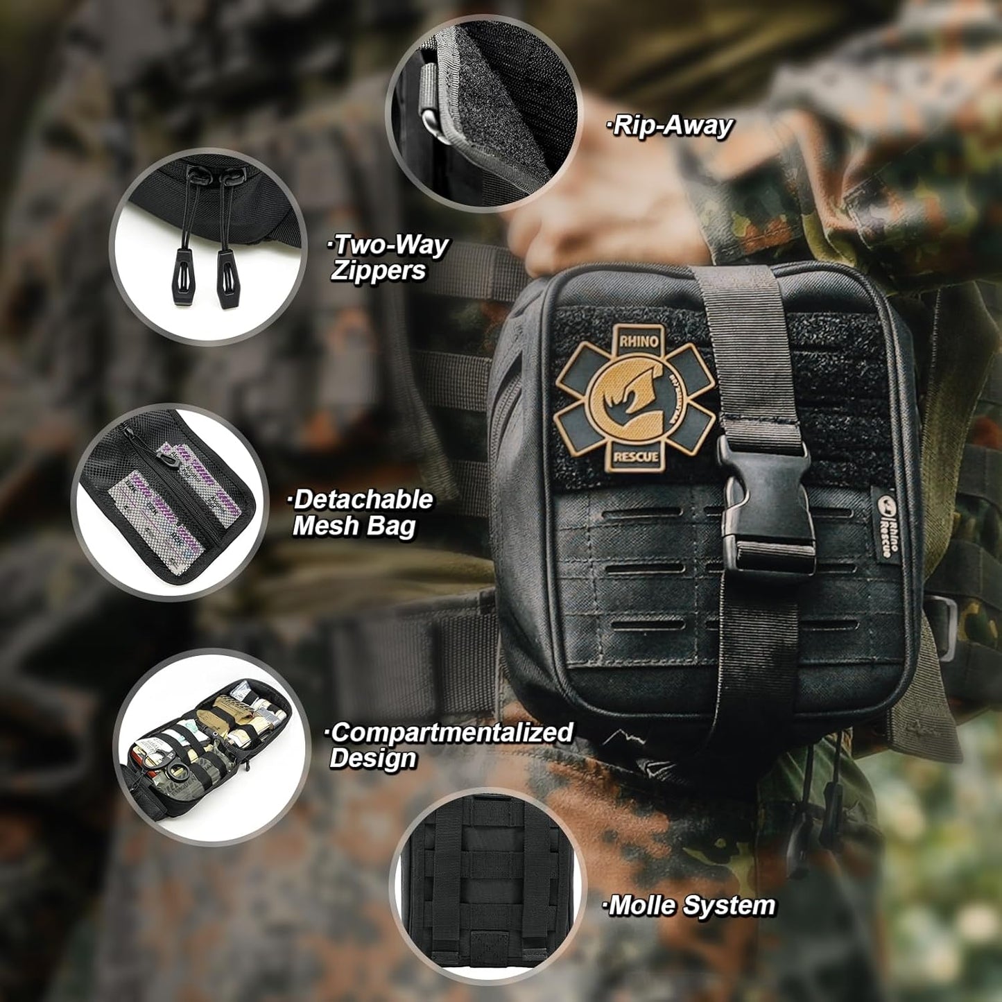 RHINO RESCUE IFAK Trauma Kit with C-A-T Tourniquet, Tactical First Aid Kit Molle Pouch for Military, Combat, Car, Camping, Hiking, Travel (Black)