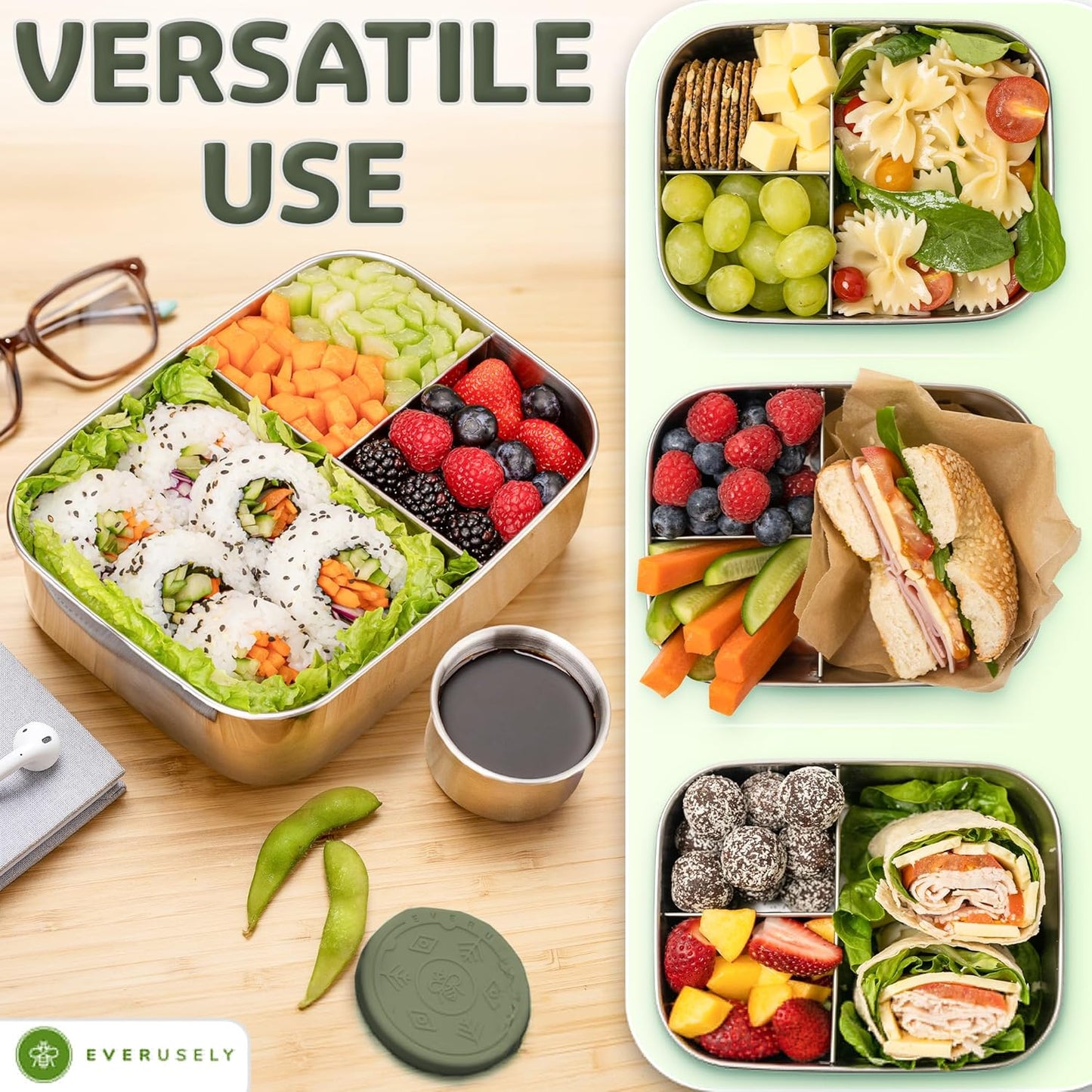 Everusely - Bento Box - Sage, 47oz / 1.4 L - Stainless Steel Lunch Box with Leakproof Condiment Container - 3 Compartment Snack Organizer for On the Go Meals - Freezer & Dishwasher Safe