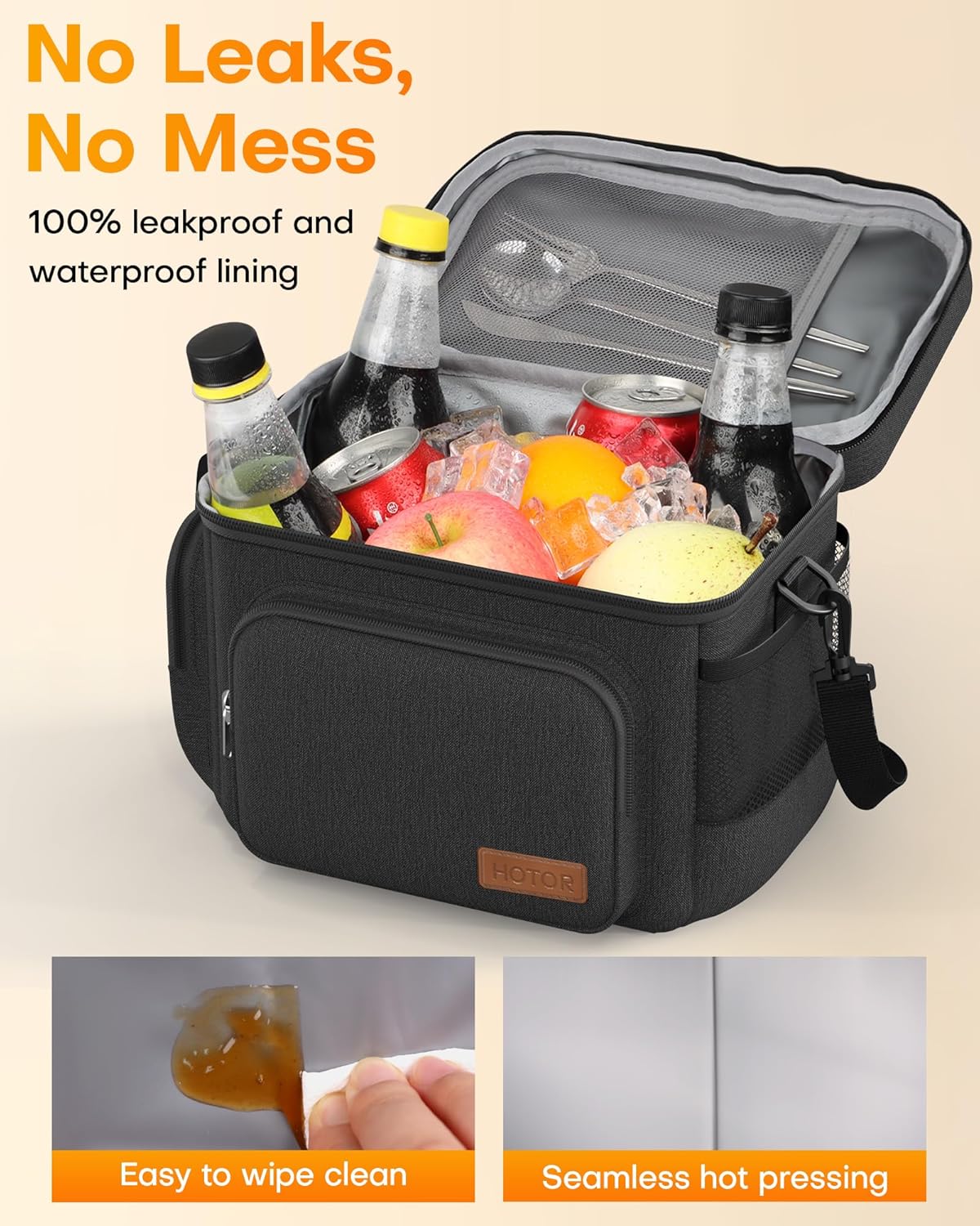 HOTOR Lunch Box for Men and Women - Leak-Proof Insulated Lunch Cooler Bag with Adjustable Strap, Multiple Pockets for Office, Picnic, Hiking, Beach, 1 Layer, 8L, Black, 9.8" x 8.7" x 5.9"