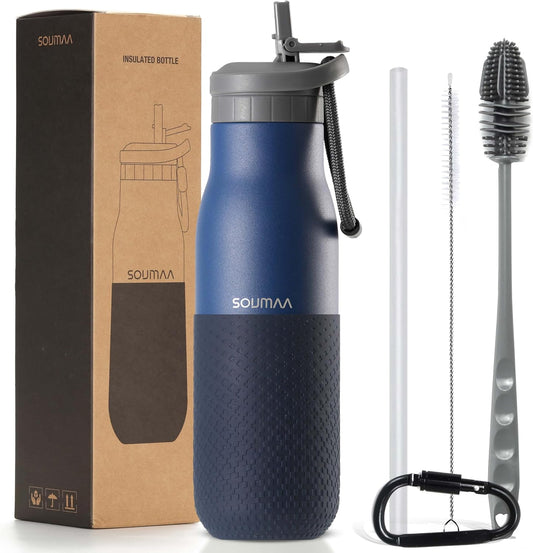 Insulated Stainless Steel Water Bottles with Straw, Wall Vacuum Insulated Water Bottle for Gym Traveling Camping Hiking Outdoor Activity(2 Cleaning Brushes+1 Carabiner, 18 oz Blue)