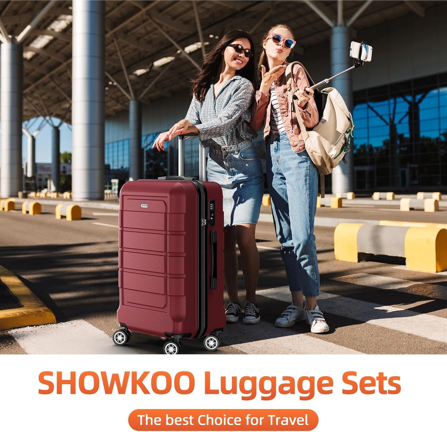 SHOWKOO Luggage Sets Expandable PC+ABS Durable Suitcase Double Wheels TSA Lock Red