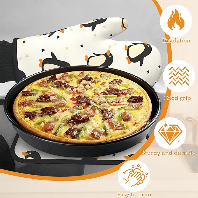 Cute Penguin Oven Mitts and Pot Holders Set, Kitchen Decor Heat Resistant Non - Image 4