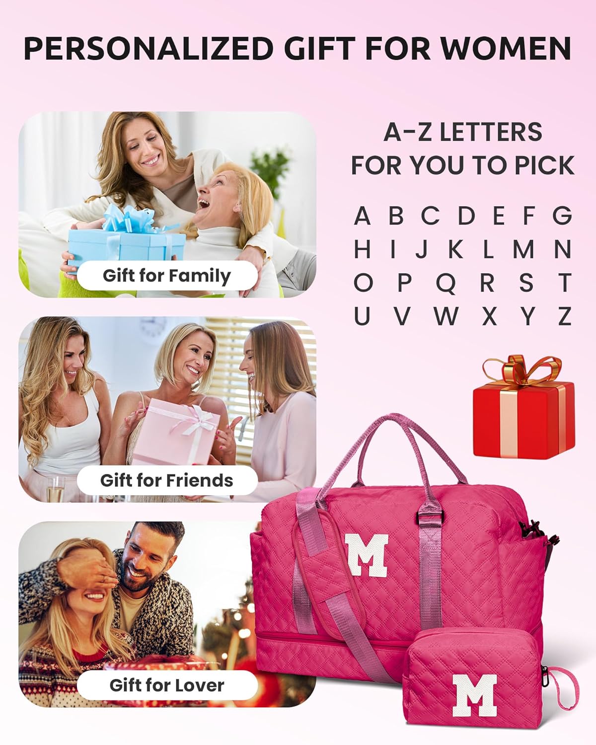 Gift Ideas for Woman, Gifts for Women-Initial Travel Bag with Shoe Compartment, Personalized Weekender Bag, Monogram Overnight Bag for Women, Letter Travel Bag with Makeup Bag (Letter P)