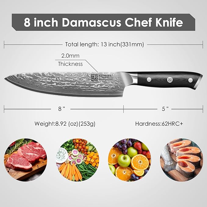 KEEMAKE Damascus Chef Knife, 8 Inch Kitchen Knife, 67 Layers Damascus Knife - Image 2