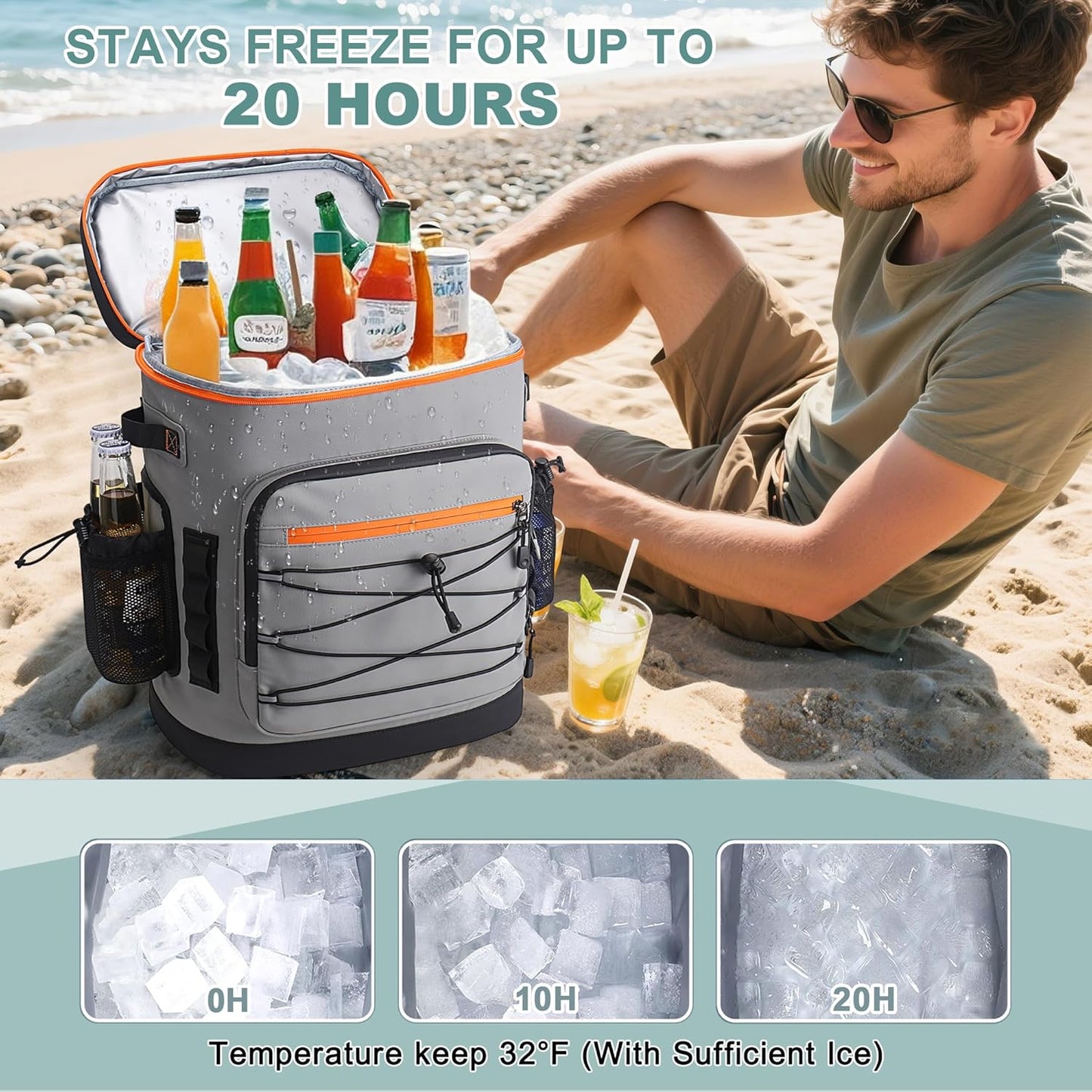 Large 52cans Cooler Backpack, Insulated, Waterproof, Leak Proof, 30L Large Capacity