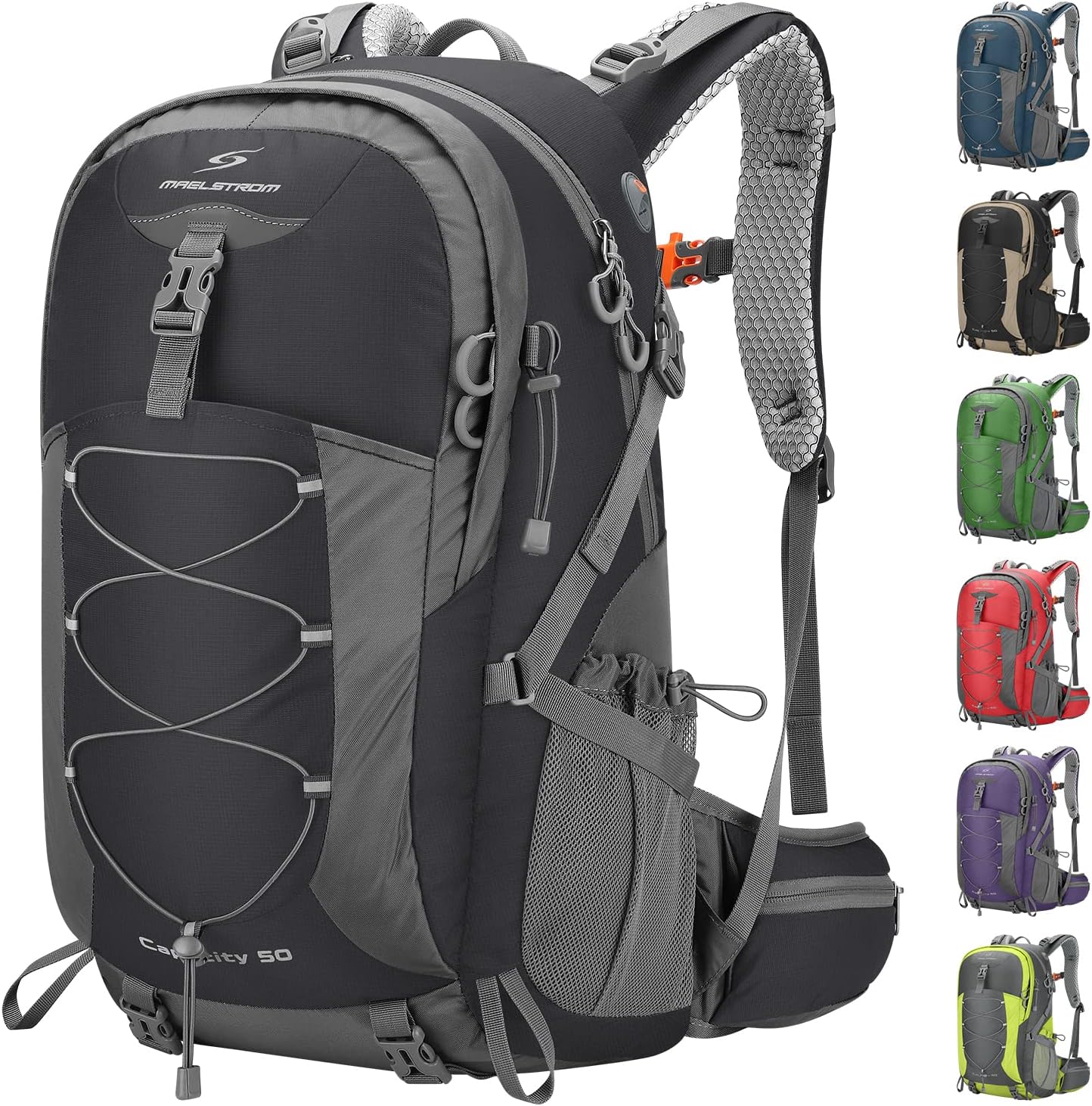 Maelstrom Hiking Backpack,Camping Backpack,50L Waterproof Hiking Daypack with Rain Cover,Lightweight Travel Backpack,Black