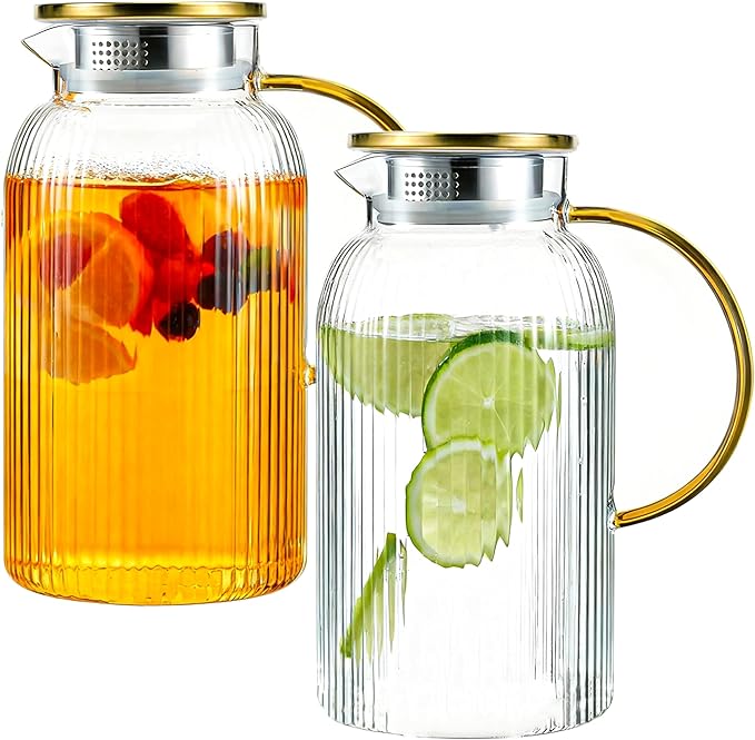 2 PACK Glass Pitcher with Lid, 68oz/2Liter Borosilicate Glass Water Pitcher by Unknown