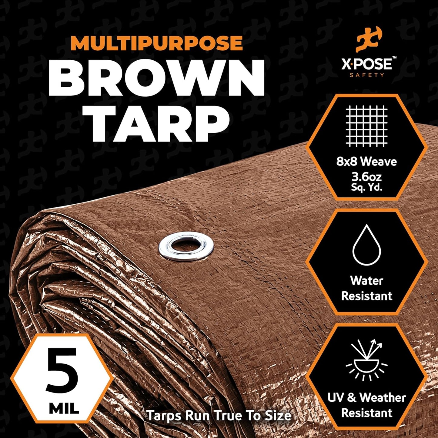 Multipurpose Protective Cover Brown Poly Tarp 20' x 40' - Durable, Water Resistant, Weather Resistant - 5 Mil Thick Polyethylene - by Xpose Safety