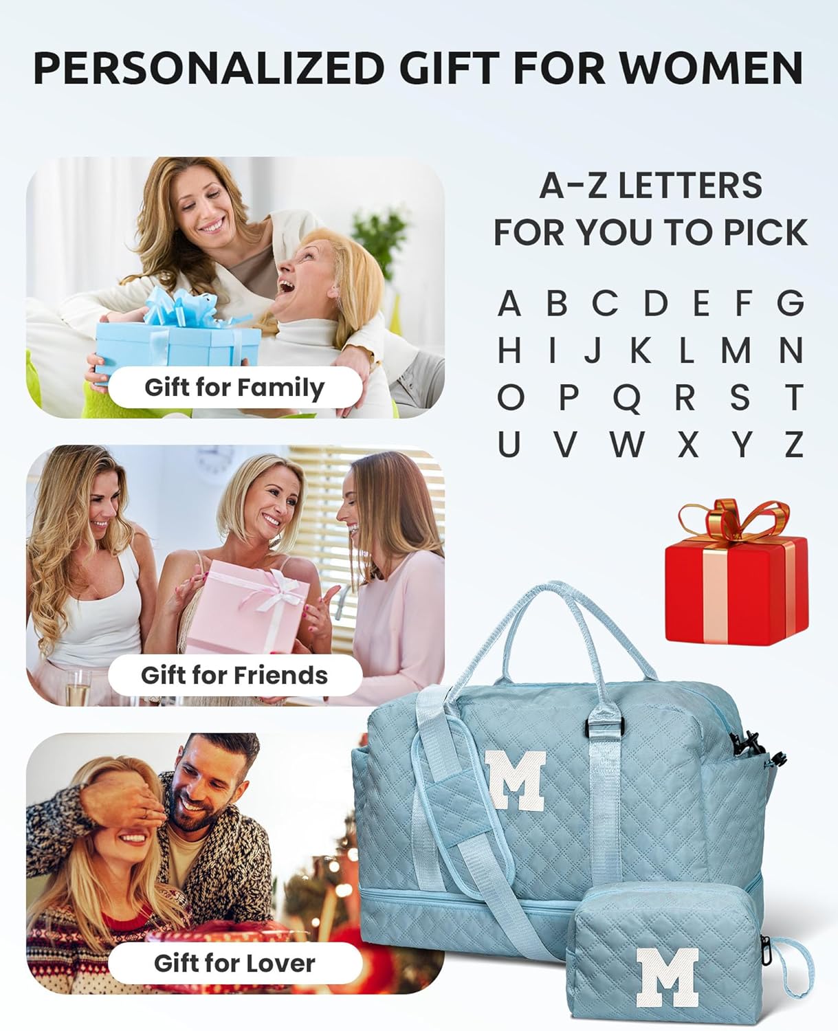Personalized Gifts-Initial Overnight Bag with Shoe Compartment, Personalized Weekender Bag, Monogram Overnight Bag, Letter Travel Bag with Makeup Bag，Birthday Gift For Women Girl (Letter Q)