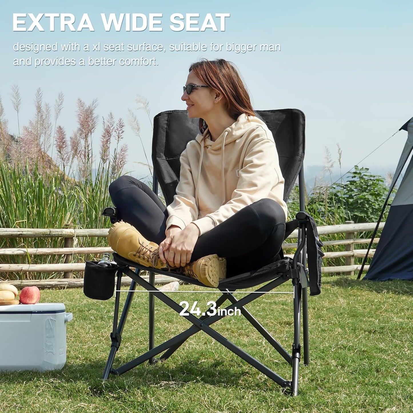 EVER ADVANCED Oversized Folding Camping Chair for Adults with Adjustable Lumbar Support, Heavy Duty Chair with Side Pockets, Portable Collapsible Quad Chair for Outside