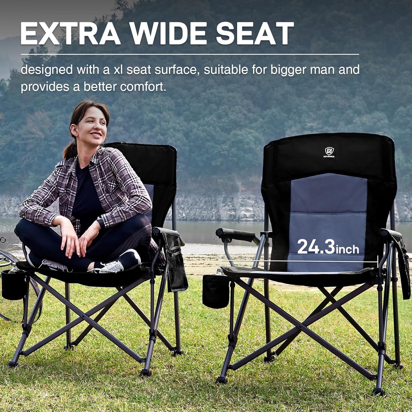 EVER ADVANCED Oversized Folding Camping Chair for Adults, Heavy Duty Lawn Chair with Side Pockets, Portable Collapsible Quad Chair for Outside, Support Up to 500lbs, Black 2PACK