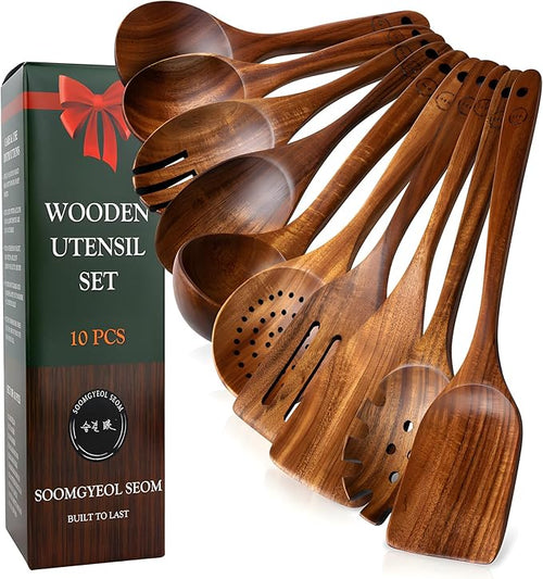 10-Piece Natural Teak Wood Utensil Set by SOOMGYEOLSEOM