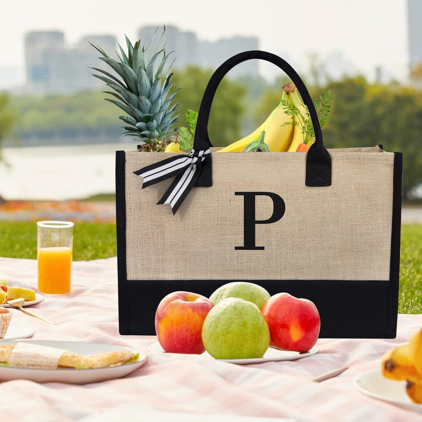 TOPDesign Initial Jute/Canvas Tote Bag, Personalized Present Bag, Suitable for Wedding, Birthday, Beach, Holiday, is a Great Gift for Women, Mom, Teachers, Friends, Bridesmaids (Letter P)