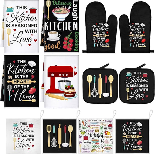 12 Pcs Farmhouse Kitchen Decoration Set 4 Funny Quote Black Kitchen Towels 4 by Bencailor