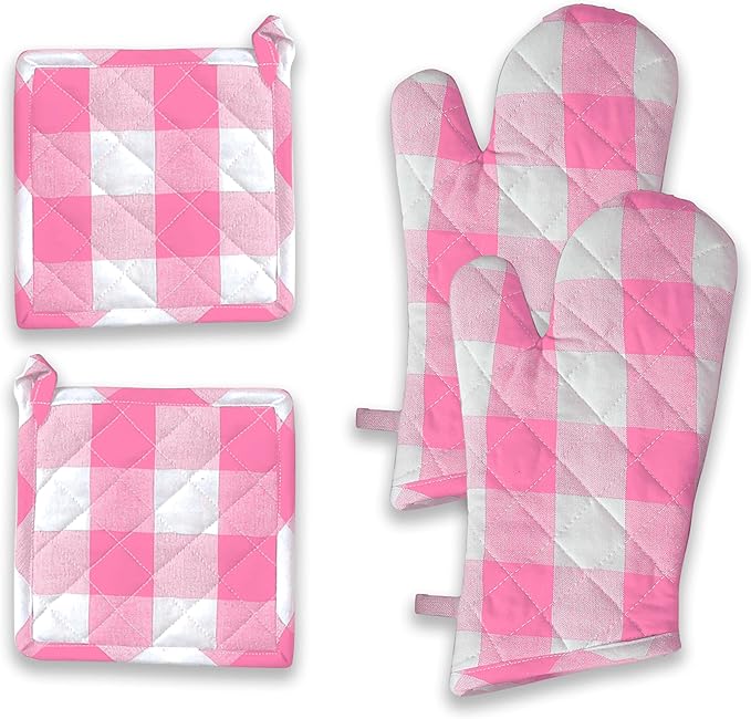 Buffalo Plaid Check Oven Mitts and Pot Holders Set, 100% Cotton, Heat Resistant by SoftopiaCotton